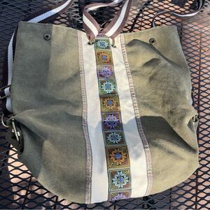 Olive Green canvas Embroidered Tote Bag backpack boho large